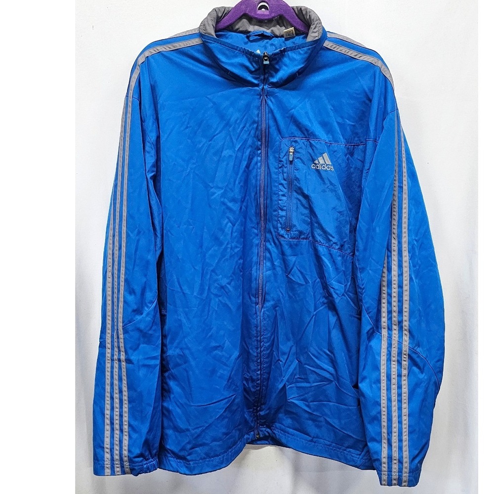 Adidas Mens‎ Blue Full Zip Windbreaker Jacket Grey 3 Stripe Athletic Fair